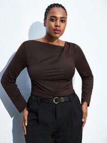 Maija Camiseta de manga larga de base de color café con cuello asimétrico para mujer de talla grande, blusa de punto para otoño, fiesta de Navidad, Acción de Gracias