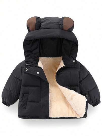 Young Boy Solid Color Cute Warm Casual Padded Coat, Thermal Lined & Thickened, In Fall/Winter