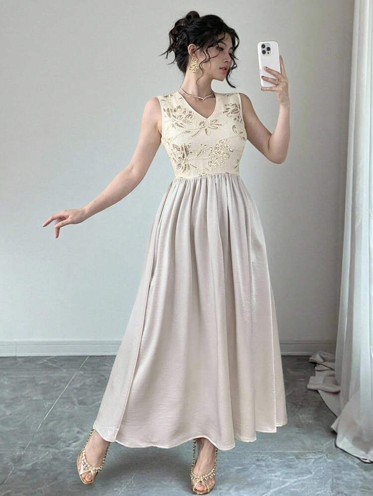 Women's Mid-Length Sleeveless V-Neck Patchwork Dress Wedding Women Dresses Summer Women Dresses SunDress