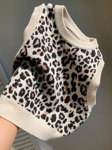 Tween-Mädchen Lässiger, bequemer Strickpullover mit Patchwork-Muster und Leopardenmuster, runder Halsausschnitt, ärmellos