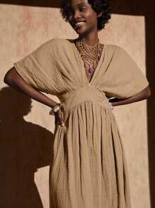 Bóhologie Green Printed Long Summer Of Shoulder Dress - Camel - View 4