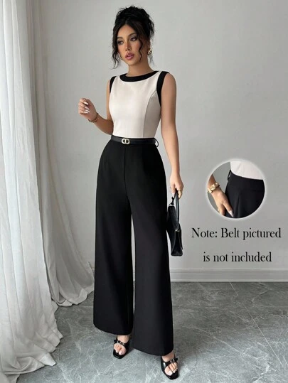 Elenzga Women's Spring/Summer Fashion Elegant Round Neck Sleeveless Contrast Color Trim Simple Cinched Waist Wide Leg Jumpsuit, Commuting & Daily Wear
