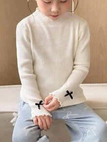 SHEIN Young Girls Stand Collar Loose Casual 3D Bowknot Decorated Sweater Yarn, Girls Clothing, Toddler Sweaters, Girls Winter Clothes, Girls Sweaters, Cute Girls Sweater, Sweater With Bows On Sleeves Fall - Apricot - View 5