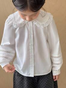 SHEIN Young Girl Lace Applique Ruffle Sleeves Ruffle Trim Lapel Shirt, Holiday, Fall And Winter Season, Travel, Back To School Season, School, Party - White - View 1