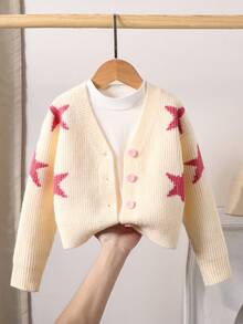 Young Girl Star Pattern Drop Shoulder Long Sleeve Single-Breasted Knit Cardigan - Beige - View 1