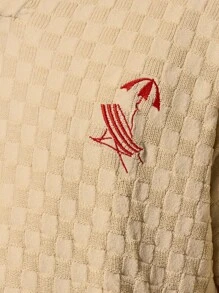 Musero Checkered Knit Polo Long Sleeve Graphic Artwork Embroidery Drop Shoulder Top Spring Summer Holiday Vacation - Apricot - View 6