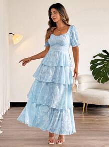 Vionelle 女士加大码优雅度假方领蝴蝶结露背多层荷叶边蝴蝶袖连衣裙 - 藍色 - 查看 5