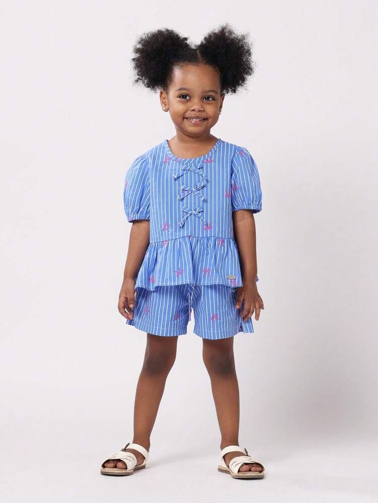 Striped Puff Sleeve Top With Bow Detail And Matching Shorts