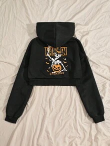 Unity Women's Halloween Pattern Printed Loose Casual Short Hoodie,Suitable For Halloween Parties - 黑色 - 查看 7