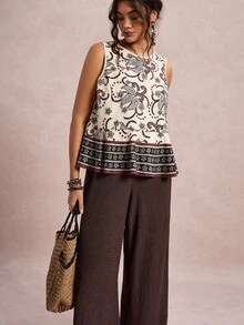 SHEIN LUNE Conjunto de 2 piezas de talla grande para mujer con top sin mangas y pantalones de pierna ancha con estampado de paisley, versátil y casual