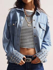 Bohemela BOHO Western Cowgirl Country Vacation Casual Solid Color Rivet Woven Denim Jacket - Baby Blue - View 1