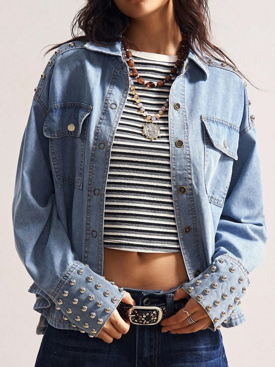 Bohemela BOHO Western Cowgirl Country Vacation Casual Solid Color Rivet Woven Denim Jacket - Baby Blue - View 1