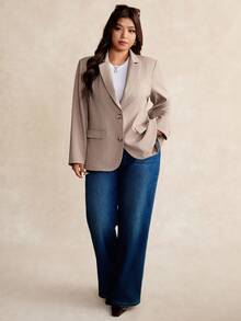 Elaquor Plus Size Casual Everyday Commute Solid Color Notched Collar Double Pocket Blazer In Fall/Winter - Apricot - View 6