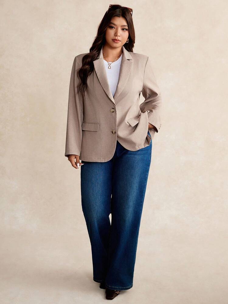 Elaquor Plus Size Casual Everyday Commute Solid Color Notched Collar Double Pocket Blazer In Fall/Winter - Apricot - View 6