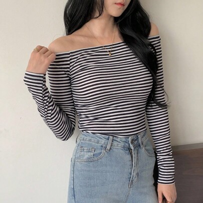 여성용 오프숄더 스트라이프 핏팅 캐주얼 긴팔 티셔츠, 섹시하고 미니멀리스트, 가을 여성 의류