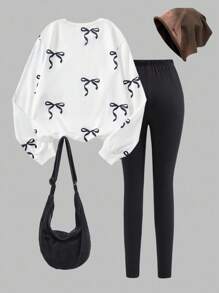 SHEIN Sparklyn Bộ đồ nỉ cho bé gái tuổi teen, Thu/Đông mới, In kỹ thuật số màu trắng, Áo nỉ cổ tròn nơ đen, Quần bó màu đen, Trang trí nơ trắng, Vừa vặn thoải mái cho mùa thu - Nhiều màu - Xem 2