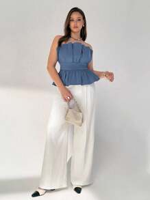 Auralis Damen Große Größen Trägerloses Shirt, Herbstmode für Damen, Blaue Oberteil Tops Y2K Süße Tops für Damen Off-Shoulder Top