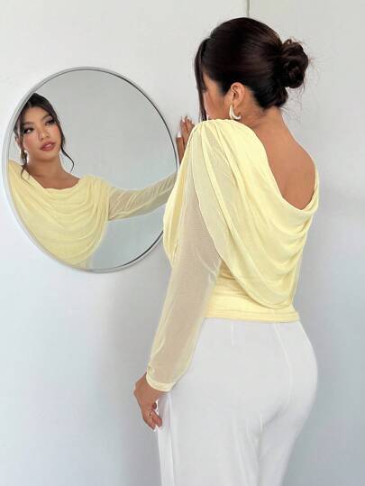 Firerie Blusa elegante de manga larga con cuello drapeado y malla transparente ajustada sexy para mujer de talla grande/Camiseta de malla de talla grande, adecuada para el Día de San Valentín, conciertos, actuaciones, citas, cenas formales, galas, bodas, sexy, elegante, ir al trabajo, vuelta al cole, vacaciones, playa, romántica, oficina, estilo sirena, fiesta de cumpleaños