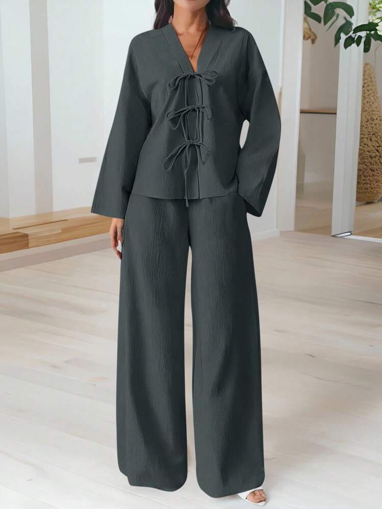 Firerie Women's Casual Elegant Vacation Fashion Front Tie Loose Shirt And High Waist Elastic Loose Pants 2 Pieces Set,Fall | SHEIN USA