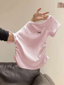 INAWLY 女式夏季新款性感不对称领口蝴蝶结刺绣荷叶边修身露肩T恤 - 粉色 - 查看 5