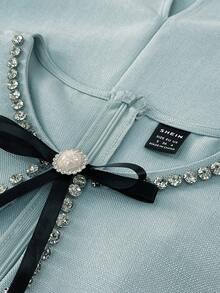 Modelyn Women's Lantern Sleeve Fashion Bow Decor Fitted Split Hem  Fall Clothes For Women  Wedding Guest Dress Elegant - Mint Green - View 5