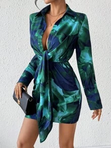 Breezaya 女士隨機印花簡約日常長袖連衣裙 - 綠色 - 查看 3