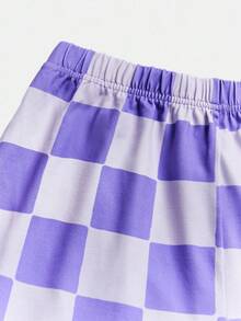 HELLO KITTY AND FRIENDS | SHEIN 2 件套女童可爱卡通格纹圆领长袖上衣和宽松休闲针织裤睡衣套装 - 紫色 - 查看 5