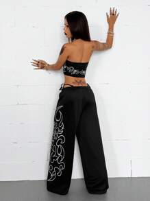 Coolane 女士夏季狂欢装节日街头服饰 Y2K Grunge Gyaru 钻石图案弹力抹胸和阔腿运动裤两件套服装