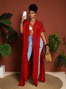 Maweii 大码女式毛衣女士时尚度假流苏镂空超长开衫白色优雅 - 紅色 - 查看 3