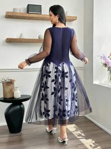 Al Najma Plus Size Long Pearl Beaded Mesh Patchwork Elegant Luxurious Design Dress, Spring/Summer - Navy Blue - View 3