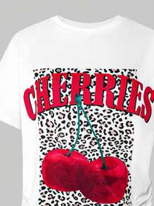2件套女童休闲樱桃豹纹圆领T恤和短裤套装