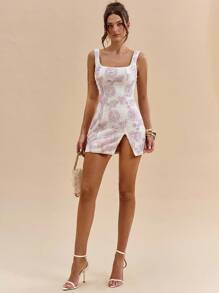 SHEIN BAE Váy ôm sát cơ thể mini họa tiết hoa 3D màu hồng trơn thu đông xẻ tà, thích hợp mặc đi tiệc, đi câu lạc bộ, hẹn hò, phù dâu, đám cưới, đầm sang trọng - Hồng - Xem 5