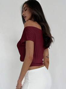 Aloruh Camiseta de mujer de punto texturizado, ajustada a la cintura, con hombros descubiertos, de estilo minimalista y elegante - Granate - Ver 7