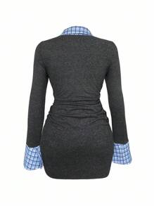 SHEIN Women's Plaid Patchwork Waist Cinched Midi Dress Fall Cloth For Women - Dark Grey - View 4