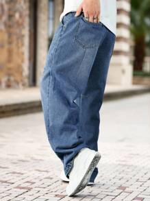 Manfinity Roghcode Quần jeans denim ống rộng rách gối màu xanh nhạt thiết kế vá lỗi cho nam, thường ngày, phù hợp mặc đi chơi - Màu xanh lam - Xem 2