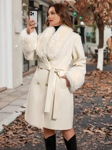 Reflora White Elegant Semi Formal Curvy Plus Size Women's Furry Collar Double-Breasted Overcoat,Warm Soft Long-Sleeved Overcoat With Inner Pockets,Autumn 2025 - Apricot - View 8