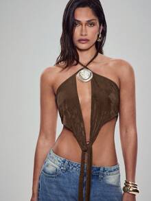 Denimoi Tie Front Cut Out Low Back Halter Top With Stone Necklace - Brown - View 2