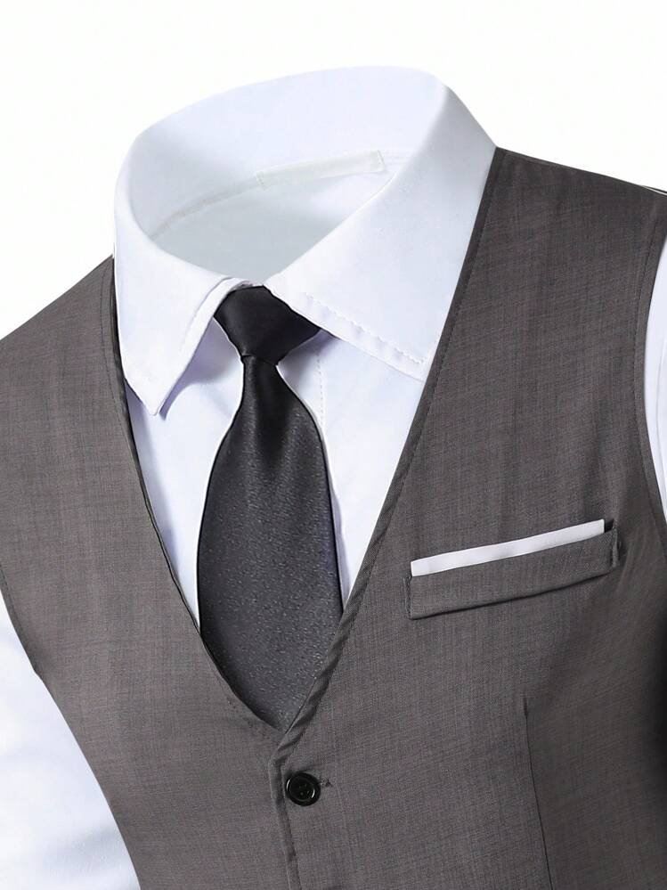 SHEIN Bộ vest nam 2 món cho bé trai tuổi teen, bao gồm áo vest bó có túi ngực màu tương phản và quần dài thời trang, trang phục trang trọng thanh lịch cho sinh nhật, đám cưới, khách dự tiệc cưới, cậu bé hầu bàn, người mang nhẫn - Xám - Xem 7