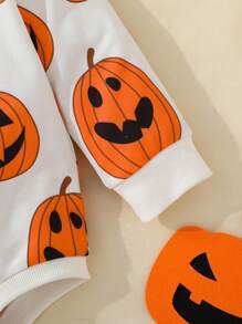 SHEIN 男婴万圣节南瓜脸印花长袖连体衣，带帽子，春秋季，适合万圣节派对 - 彩色 - 查看 6