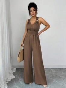 Selianne 女式 V 领系腰阔腿连体裤，蓝色，休闲夏季服装