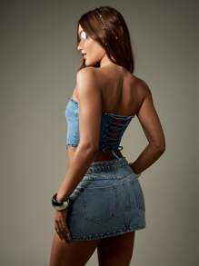 MISSGUIDED Áo crop top denim thêu phương Tây đính đinh tán, áo lót nâng ngực, buộc dây hở lưng, trang phục thời trang cho lễ hội mùa hè - Rửa trung bình - Xem 2