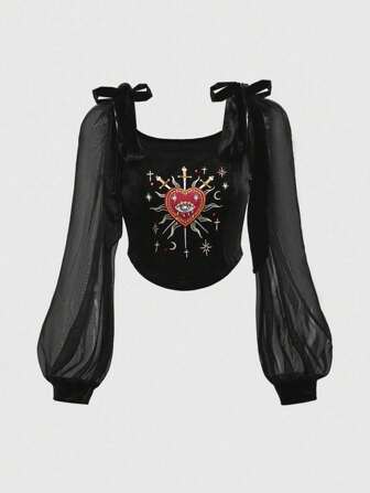 Goth Gothic Inspired Women's Autumn Outfit, Featuring Heart Embroidery, Rhinestone & Crystal Teardrop Embellishments, Star Motifs, Puff Sleeves, Mesh Panels, Shoulder Bowknot Details
