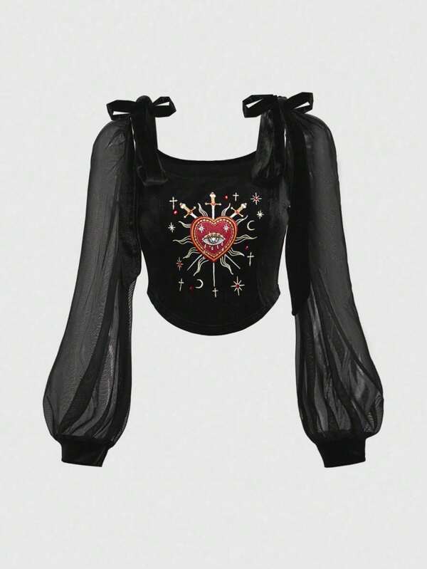 ROMWE Goth Inspiré du gothique, femmes automne avec broderie en forme de cœur, strass, cristal en forme de larme, accents d'étoiles, panneau transparent, manches à volants et détails d'épaule avec nœud papillon