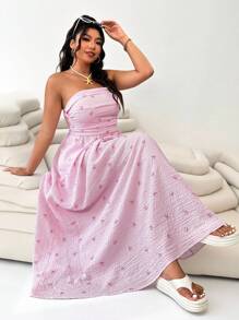 Solflare Plus Size Women Strapless Bowknot Striped Ruched Dress, Pink,Summer Outfits For Women - Pink - View 9