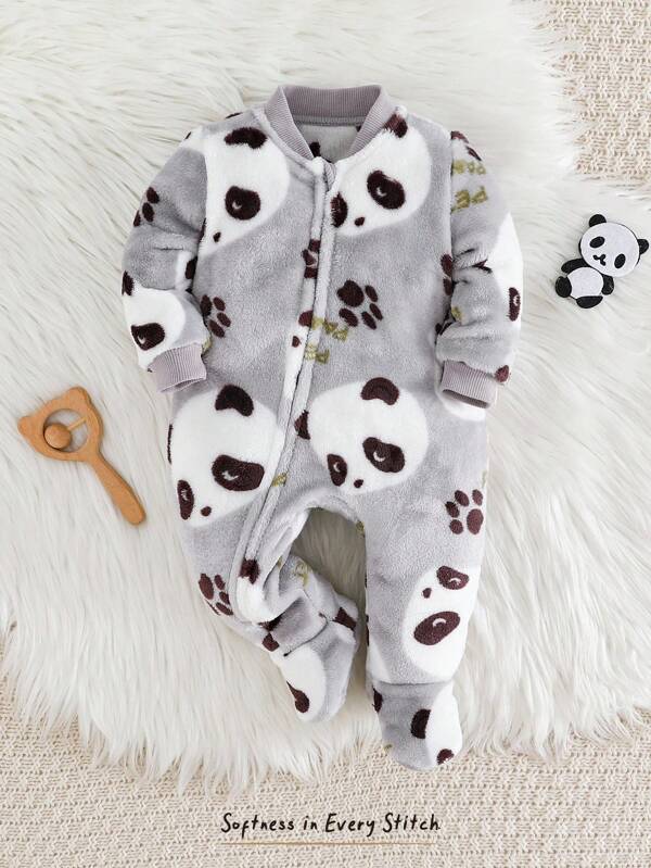 Cozy Pixies Pelele de manga larga con cuello redondo y pantalones estampado de panda de dibujos animados para bebé recién nacido niño/niña