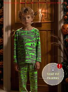 Young Boy Glow-In-The-Dark Halloween Mummy Element Pajama Set, Green Glow Effect, Stretchy Soft Fabric, Long Sleeve Top And Leggings Snug Fit Boys Glow In The Dark Pajamas Fall Winter - Green - View 7