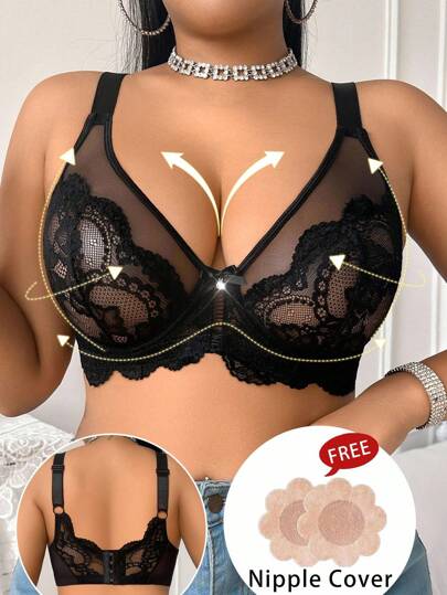 SHEIN 1pc Plus Size Lace Sheer Sexy Underwire Lingerie Bra