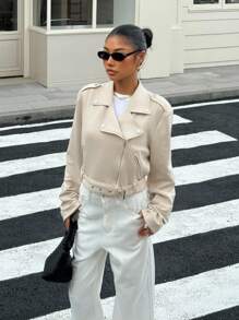 SHEIN EZwear Chaqueta corta casual con cremallera y cuello para mujer - Albaricoque - Ver 3