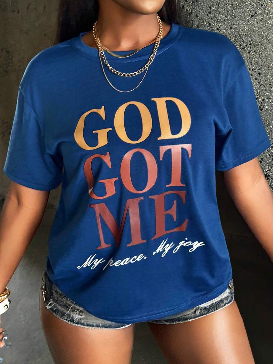 Rovax 标语印花短袖T恤上帝赐予我平安喜乐图案T恤女款上衣 - 藍色 - 查看 1