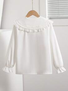 Sparklyn 春秋新款彼得潘领3D蝴蝶结长袖宽松白衬衫，甜美百搭，简约学院风，法式荷叶边下摆上衣。彼得潘领上衣，秋冬返校服饰
